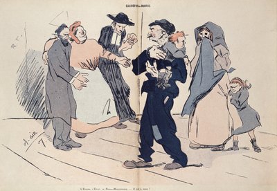 Lotta per un bambino tra la famiglia del bambino e la Chiesa, lo Stato e i Massoni, caricatura da 